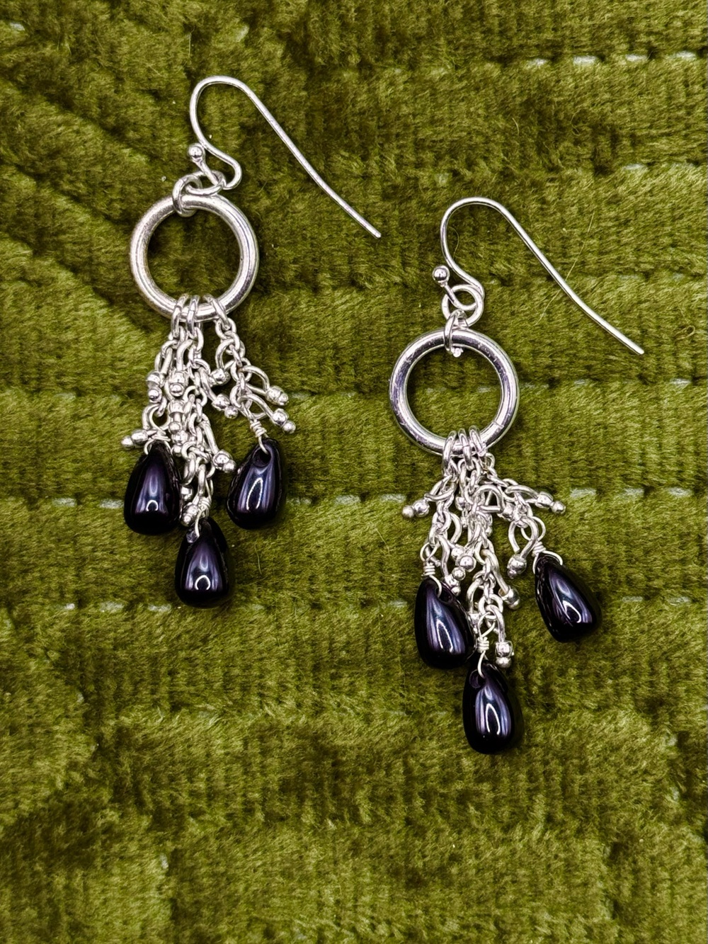Classic 28 Earrings Silver Dangle w/ Black Teardrop Beads